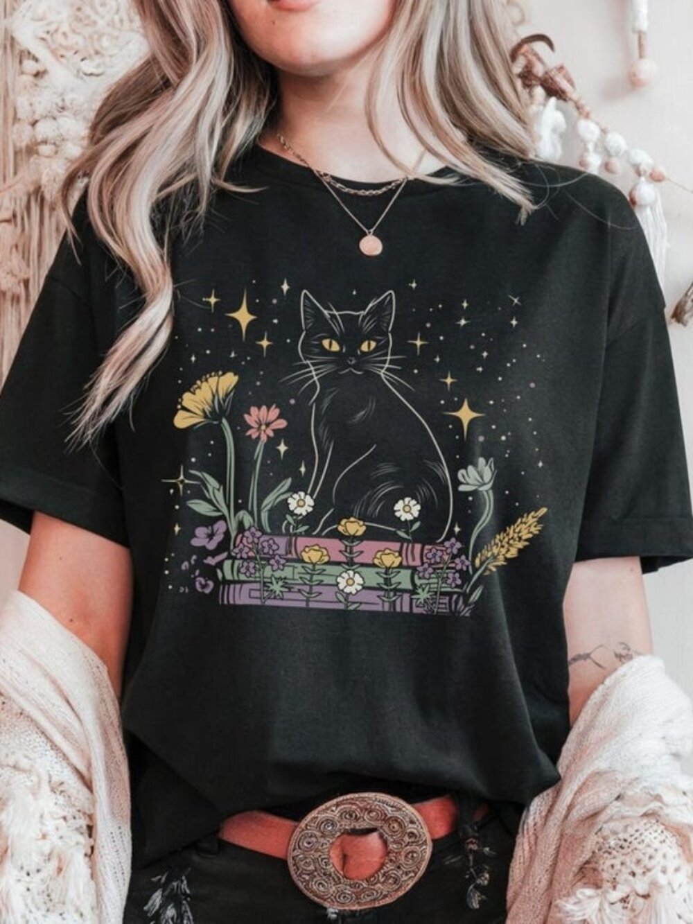 Witchy Black Cat Reading Graphic Tee, Celestial Bookish Cottagecore Shirt